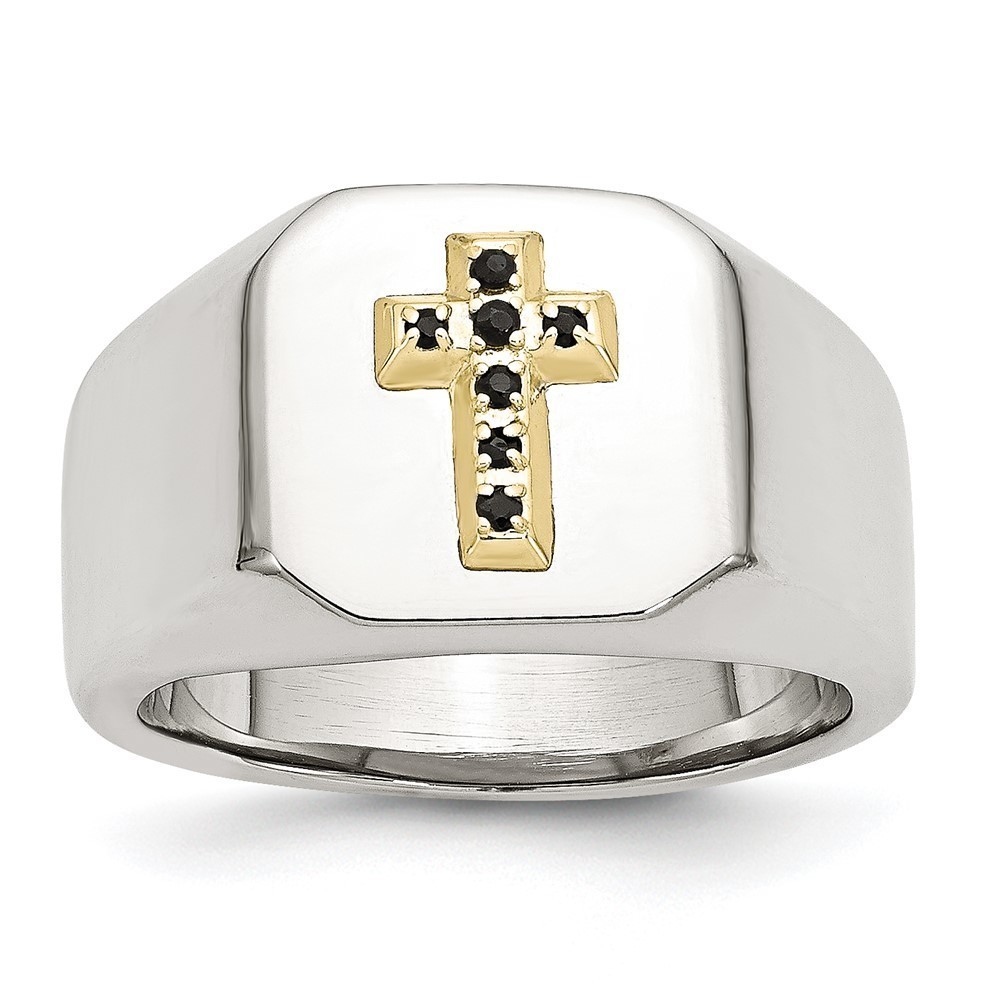Stainless Steel 14k Gold Accent 1/15 Carat Blue Sapphire Cross Signet Ring (9)
